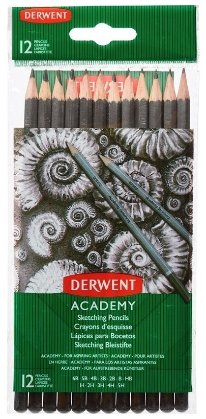 Карандаши чернографитные Derwent Academy, Sketching Hang Pack, 12 штук, 5H-6B