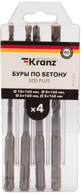 Бур по бетону для перфоратора SDS PLUS KRANZ 5-6-8-10х160 мм , 4 шт. в кейсе