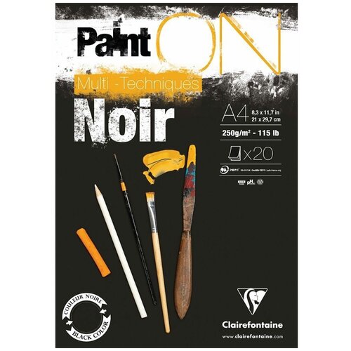 фото Скетчбук - альбом для смешанных техник 20л., а4 clairefontaine "paint on noir", на склейке, 250г/м2, черная