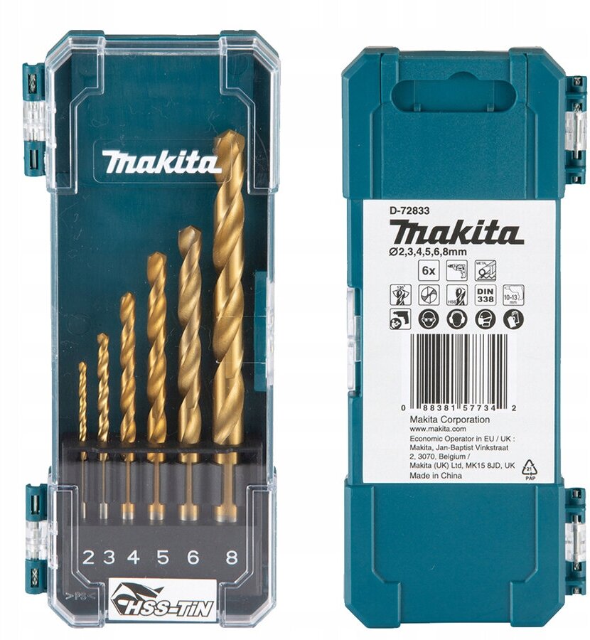 Набор сверл по металлу Makita HSS-TiN Economy, 6 шт. (2-8 мм) D-72833