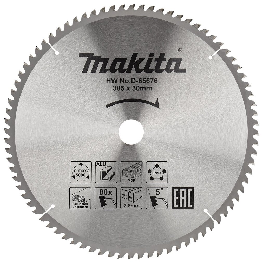 Пильный диск универсальный для алюминия/дерева/пластика, 305x30x80T Makita D-65676