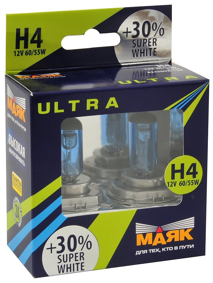 Лампа галогенная маяк ULTRA SUPER WHITE +30% 12V H4 60/55W 2 шт 82420SW30