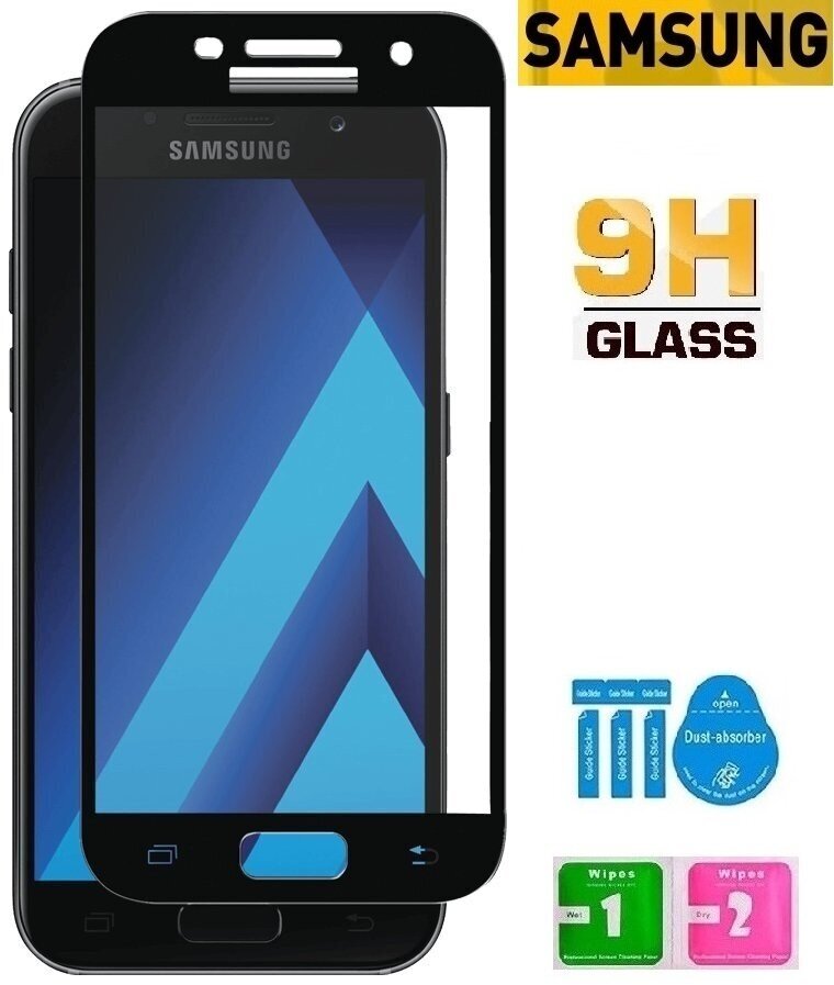 Комплект 3 шт. Керамическое защитное стекло для Samsung Galaxy A3 2017 (А320), черная рамка.