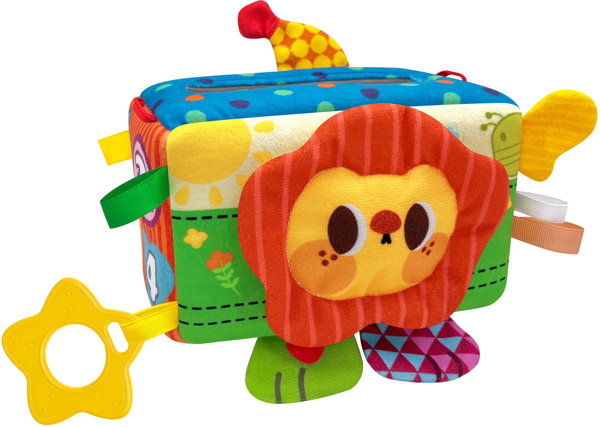 Развивающая игрушка Huanger Мягкий кубик, с погремушкой, зеркальцем, петельками, салфетками, для детей от 18 месяцев