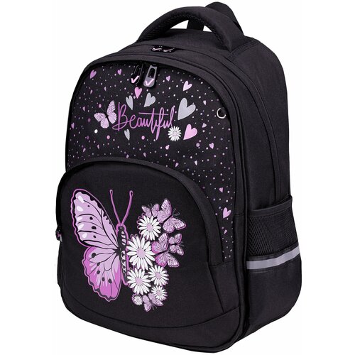 фото Рюкзак / ранец / портфель школьный для девочек brauberg soft, 2 отделения, 3 кармана, flower butterfly, светящийся, 40х31х15 см, 271365