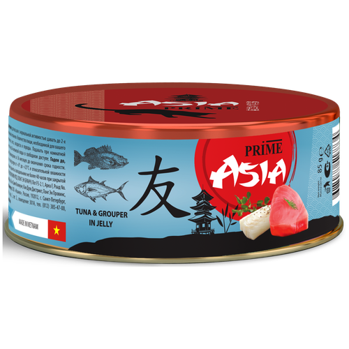 Влажный корм для кошек PRIME Asia тунец с рыбой групер 24 шт. х 85 г (кусочки в желе)