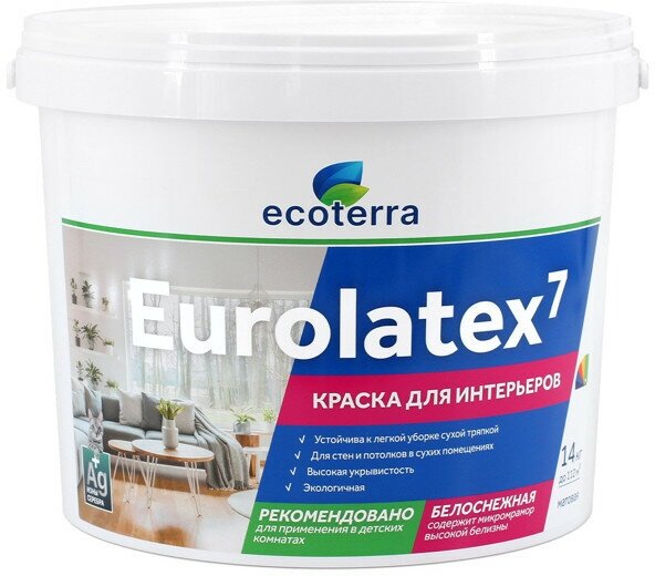 Краска акриловая ecoterra eurolatex 7 для стен и потолков 14кг белая, арт. эк000135290