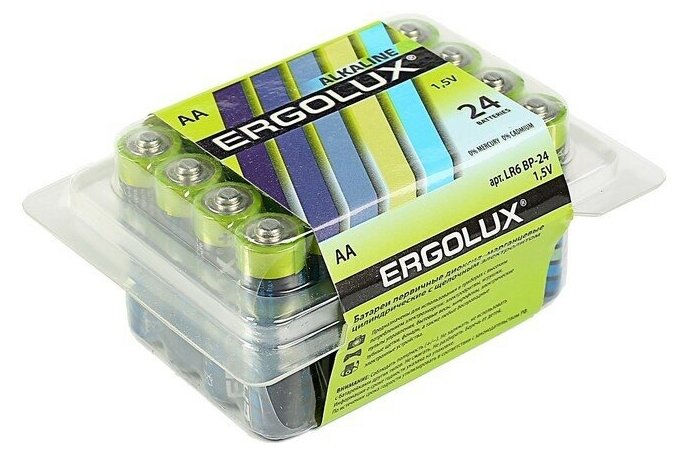 Батарейка алкалиновая Ergolux, AA, LR6-24BOX (LR6 BP-24), 1.5В, набор 24 шт.