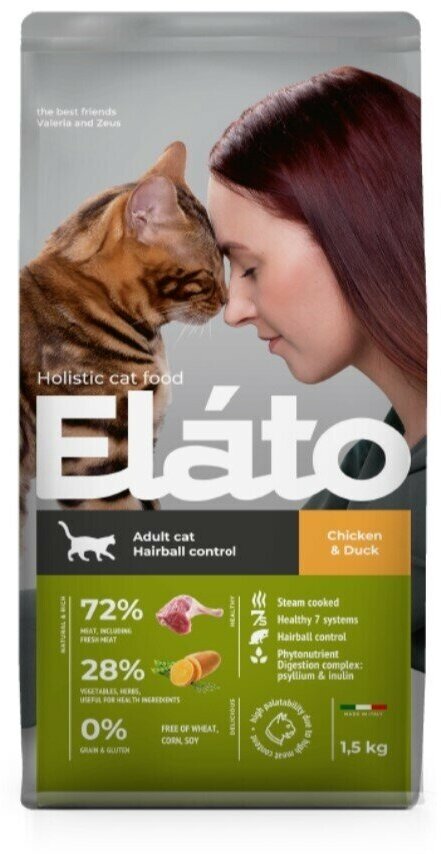 Elato Holistic корм для взрослых кошек с курицей и уткой / для выведения шерсти, 1,5кг - фотография № 3