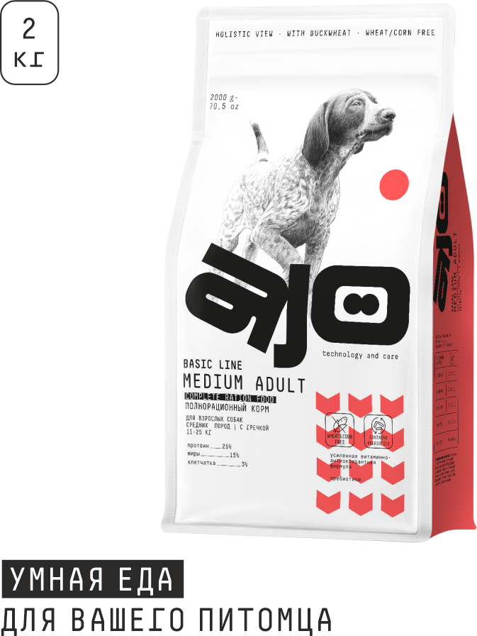 AJO Dog Medium Adult Сухой полнорационный корм с гречкой для взрослых собак средних пород, 2кг