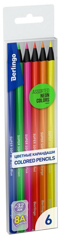 Карандаши цветные флуоресцентные Berlingo "SuperSoft. Fluo", 06цв., трехгран., заточен., европодвес