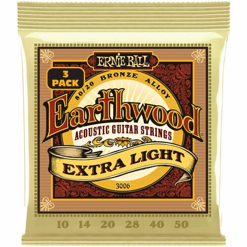 Набор из 3х комплектов струн для акустической гитары ERNIE BALL 3006 Earthwood 80/20 Bronze Extra Light 3 Pack 10-50 ernie ball 3006 набор из 3х комплектов для акуст гитары earthwood extra light 80 20 10 50