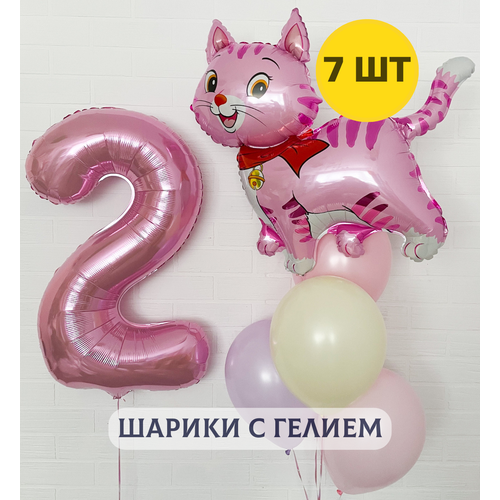 Воздушные шары с гелием (надутые) для девочки "Любая цифра от 1 до 9, котенок и связка шариков"