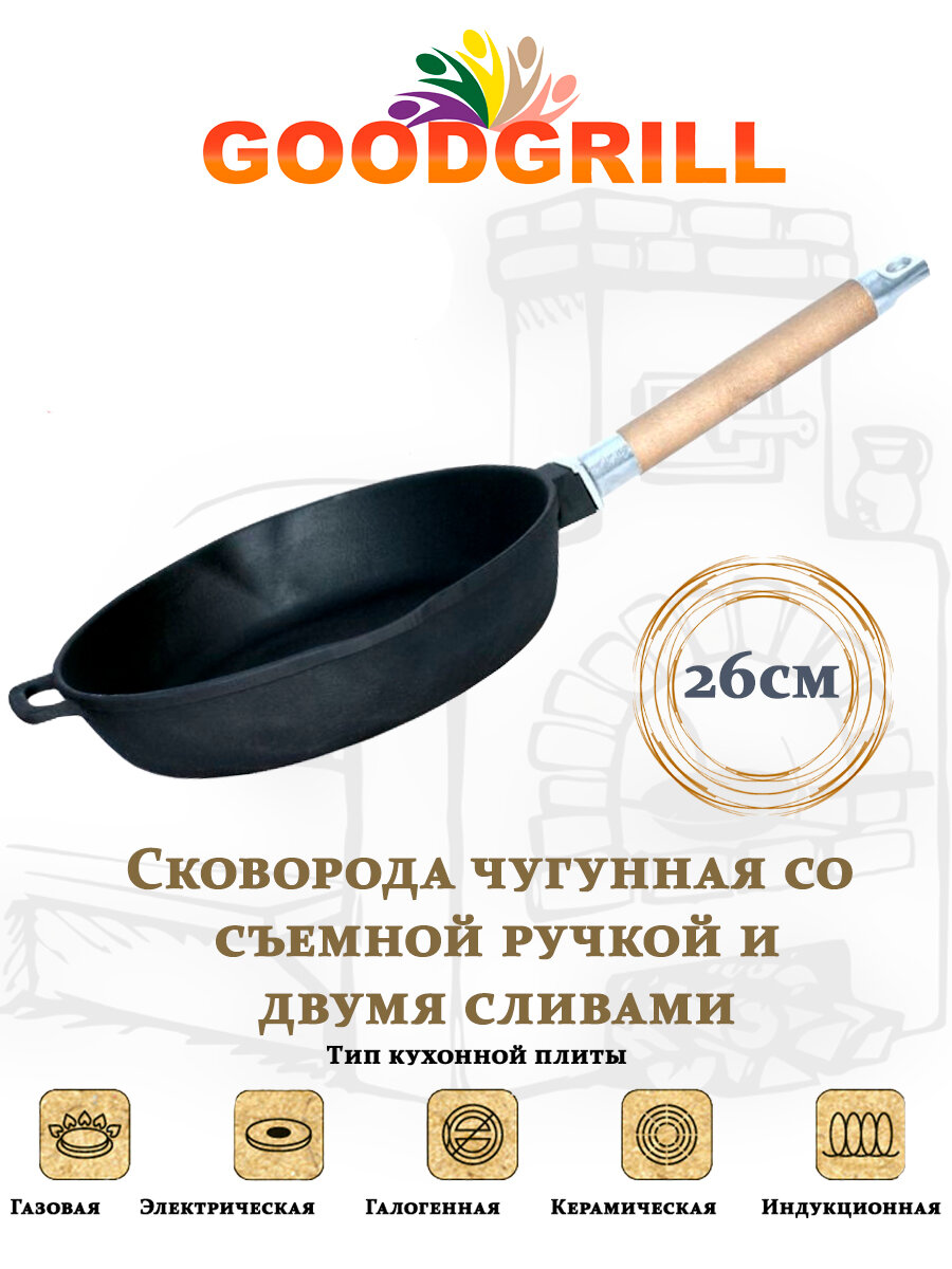 Сковорода чугунная GOODGRILL 26х5,5см со съемной ручкой