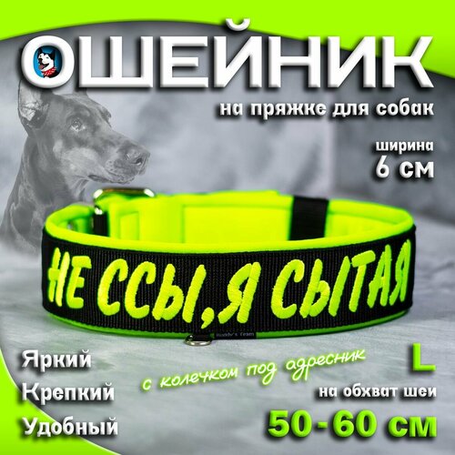 Ошейник для собак Buddy team на пряжке, с вышивкой НЕ ССЫ Я сытая, ширина 6 см, с мягким подкладом для средних и крупных пород, размер L