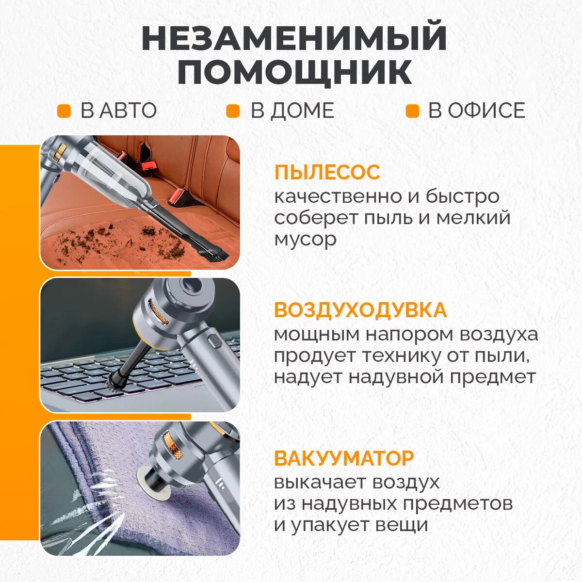 Автомобильный пылесос беспроводной 3 в 1. Мини-пылесос для дома, пылесос для автомобиля, мебели, компьютера, аккумуляторный, ручной — фото 1
