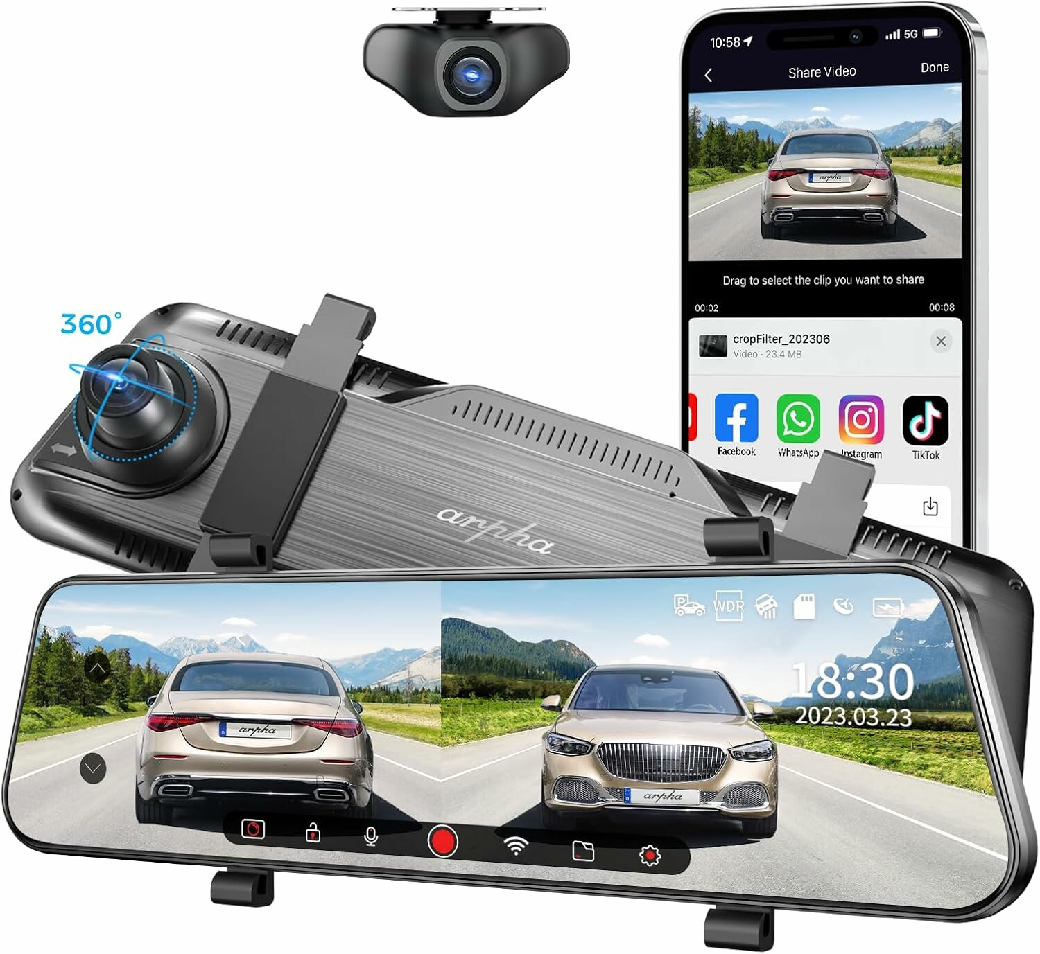 Зеркало-регистратор Arpha E22, 2K/Full HD, Wi-Fi, сенсорный дисплей 10 дюймов