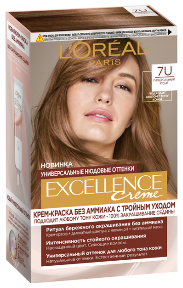 Крем-краска для волос L'oreal Paris Excellence, без аммиака, тон 7U, русый