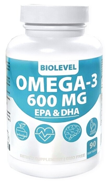 Omega-3 60% BioLevel высокой концентрации. Упаковка 90 капсул. 1 капсула - Омега-3 600 мг (EPA 330 мг & DHA 220 мг)