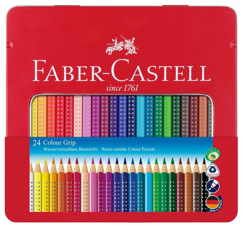 Карандаши цветные Faber-Castell «Grip», 24цв, трехгран, заточен, метал. упак.