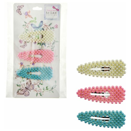 фото Lukky fashion набор заколок клик- клак, жемчужинки 3 шт, 3 цвета (белый, розовый, бирюзовый)