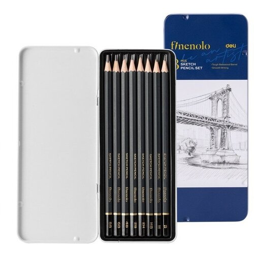 Finenolo Набор карандашей чернографитных разной твердости Finenolo Sketch, 8 штук, 8B-2H, в металлическом пенале