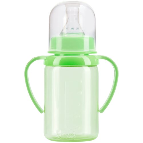 Курносики Бутылочка для кормления с ручками и силиконовой соской молочной, 125 мл., без принта, зеленый