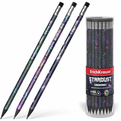 Пластиковый чернографитный трехгранный карандаш с ластиком ErichKrause StarDust HB (в тубусе по 42 шт.)