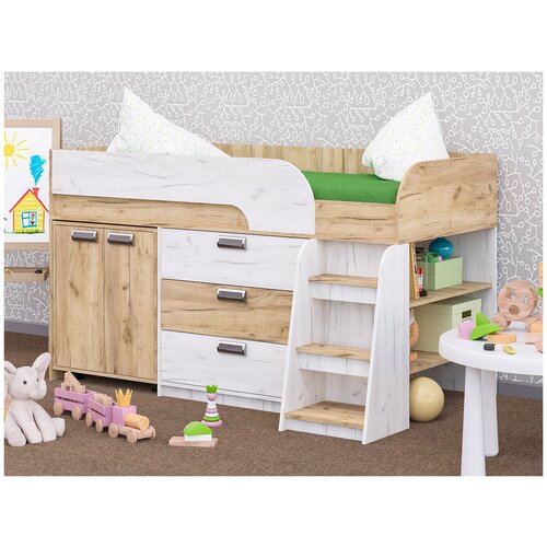 Кровать Парус с выдвижным столом и ящиками Крафт золотой/крафт светлый