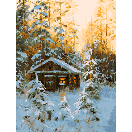 Картина по номерам Белоснежка Охотничья избушка / Раскраска / Холст на подрамнике 30х40 см. / Пейзаж / Зима