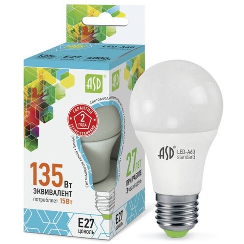 ASD Лампа светодиодная LED-A60-standard 15W (Вт) 220В Е27 3000К 1200Лм 4690612002088