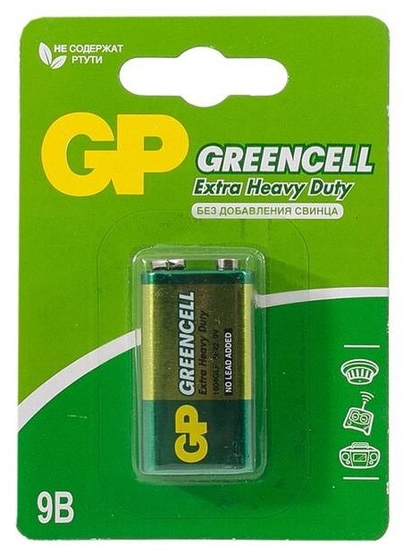 Батарейка GP Green Cell 9V Крона, в упаковке: 1 шт.