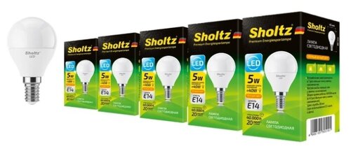 Комплект из 5 светодиодных энергосберегающих ламп Sholtz шар G45 5Вт E14 3000К 220В пластик (Шольц) LEB3051P