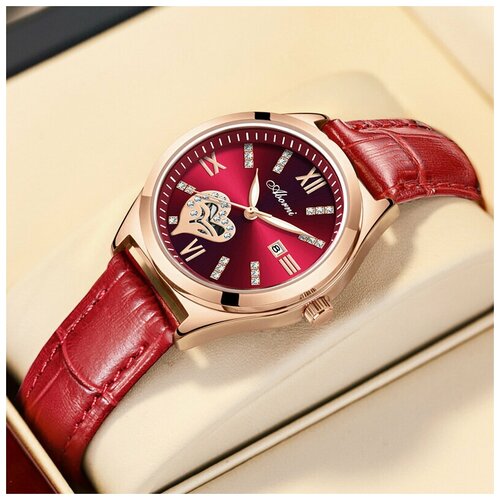 фото Наручные часы женские / кварцевые часы на руку красные / женские часы с кожаным ремешком lameila