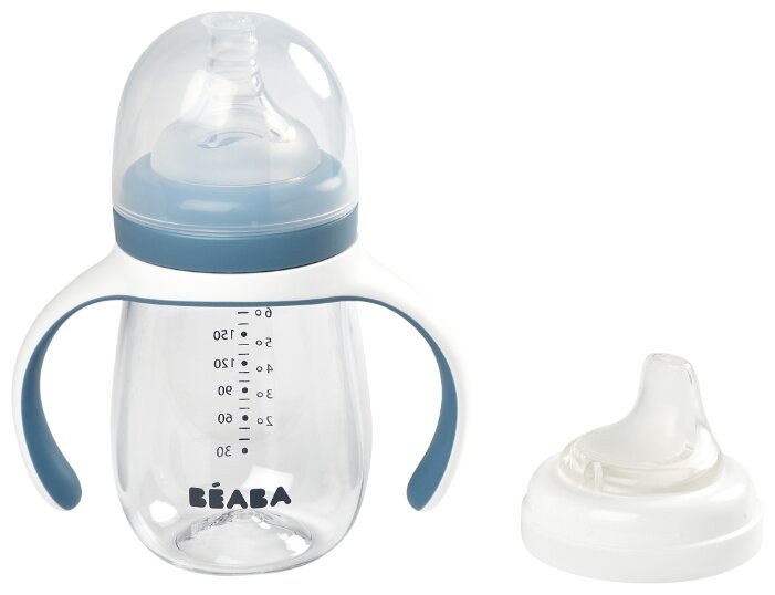 Поильник детский BEABA 210 мл. с двумя насадками в комплекте, поильник непроливайка с соской и силиконовым носиком, бутылочка для кормления, голубой