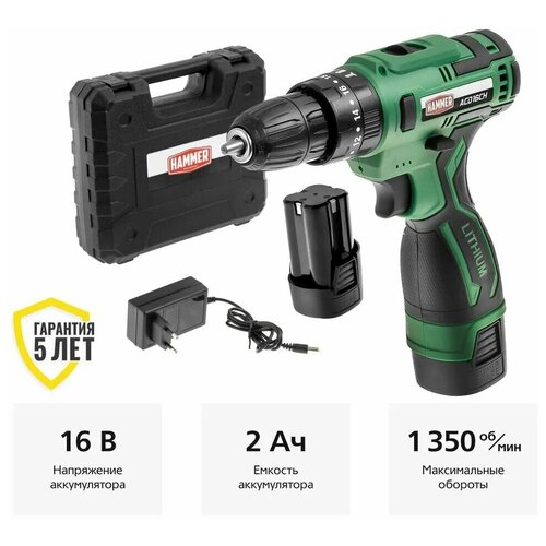 Аккумдрель ударная Hammer ACD16CH 16В 2x2Ач LiION 10мм 0-3500-1350обмин 30 Нм кейс 389000₽