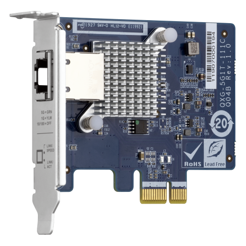 QNAP Сетевая карта QNAP QXG-5G1T-111C PCIe Gen2 x1, Single-port 4-speed 5 GbE network expansion card (5Gbps/ 2.5Gbps/ 1Gbps/ 100Mbps) Low-profile bracket pre-installed; full-height and specialized brackets are bundled