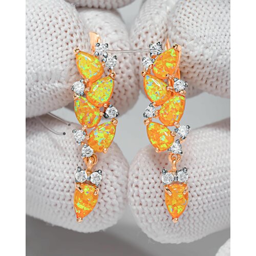 Длинные Серьги Trade Jewelry из серебра 925 пробы (покрытие золото 585) с желтым опалом и белыми фианитами