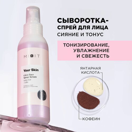 MIXIT Увлажняющая сыворотка спрей для лица от морщин, воспалений. Антивозрастное средство для ухода с янтарной, гиалуроновой кислотой YOUR SKIN,150 мл