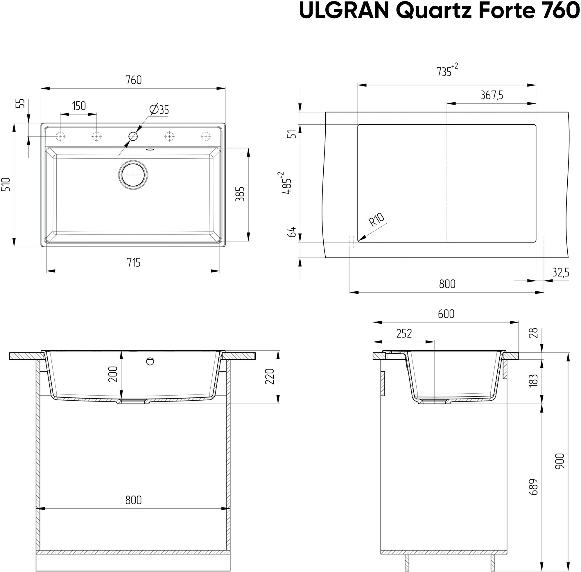 Мойка ULGRAN Quartz Forte 760-05 Бетон - фотография № 4