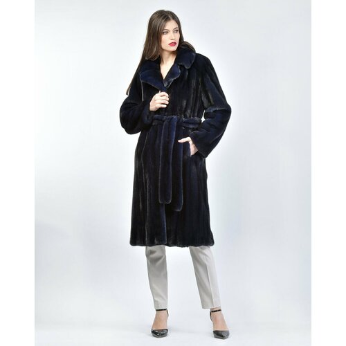 фото Пальто skinnwille, норка, силуэт прямой, пояс/ремень, размер 40, синий