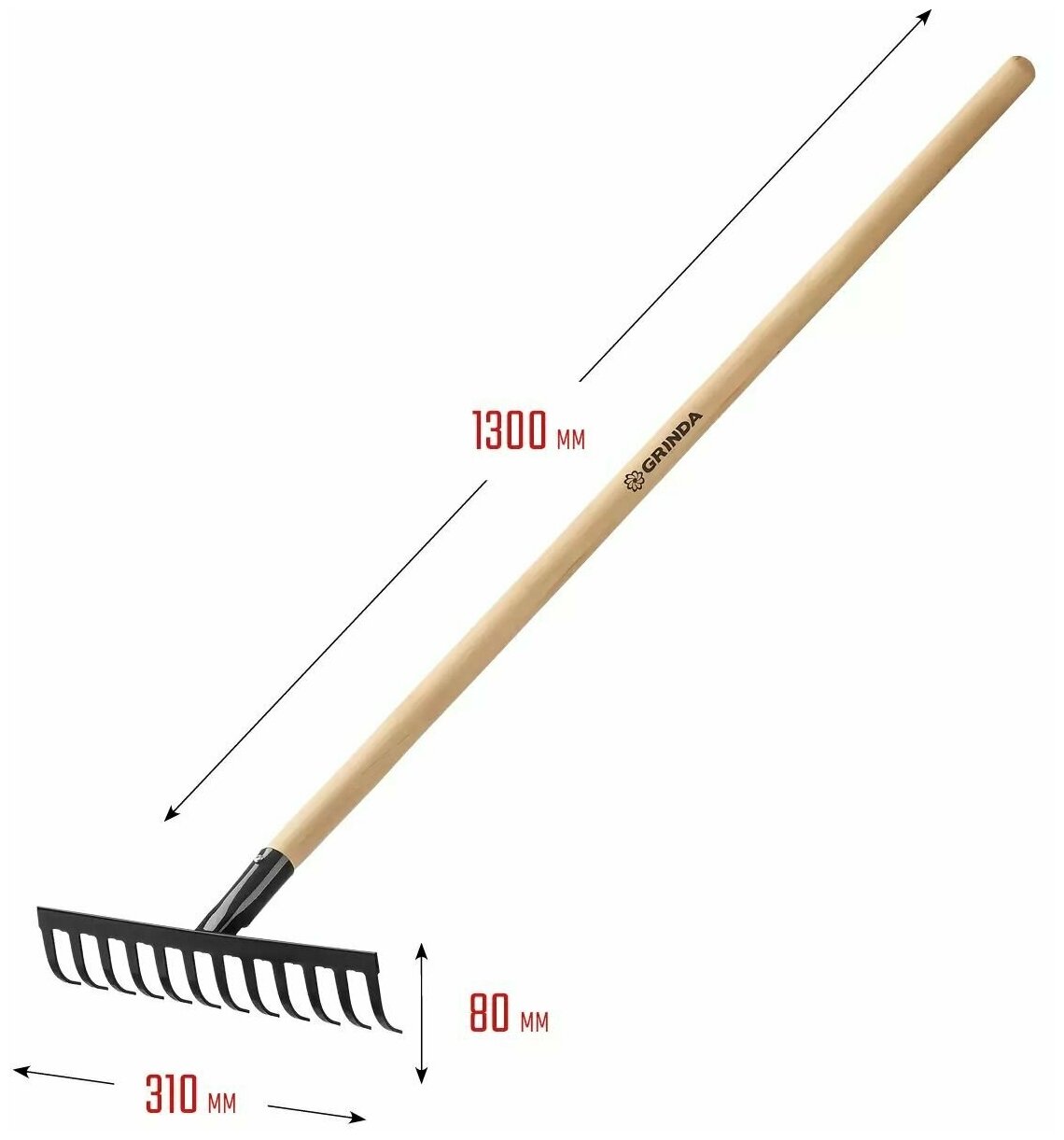 Грабли Grinda 12 прямых зубьев дерев.черенок 1300мм 39583-12 - фото №6