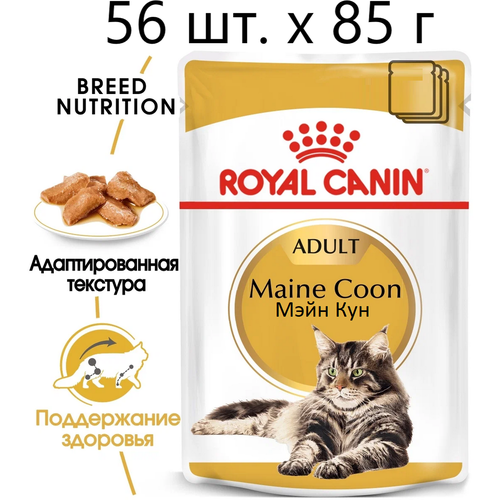 Влажный корм для кошек Royal Canin Maine Coon Adult, для взрослых кошек породы мейн-кун, 56 шт. х 85 г (кусочки в соусе) влажный корм для кошек royal canin maine coon adult для взрослых кошек породы мейн кун 8 шт х 85 г кусочки в соусе