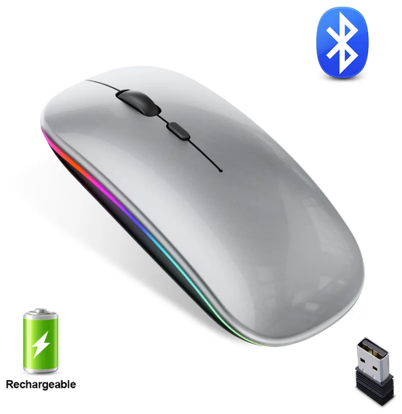 Мышь беспроводная с RGB подсветкой для компьютера и ноутбука пк  макбука / Bluetooth + Wireless / серебристая