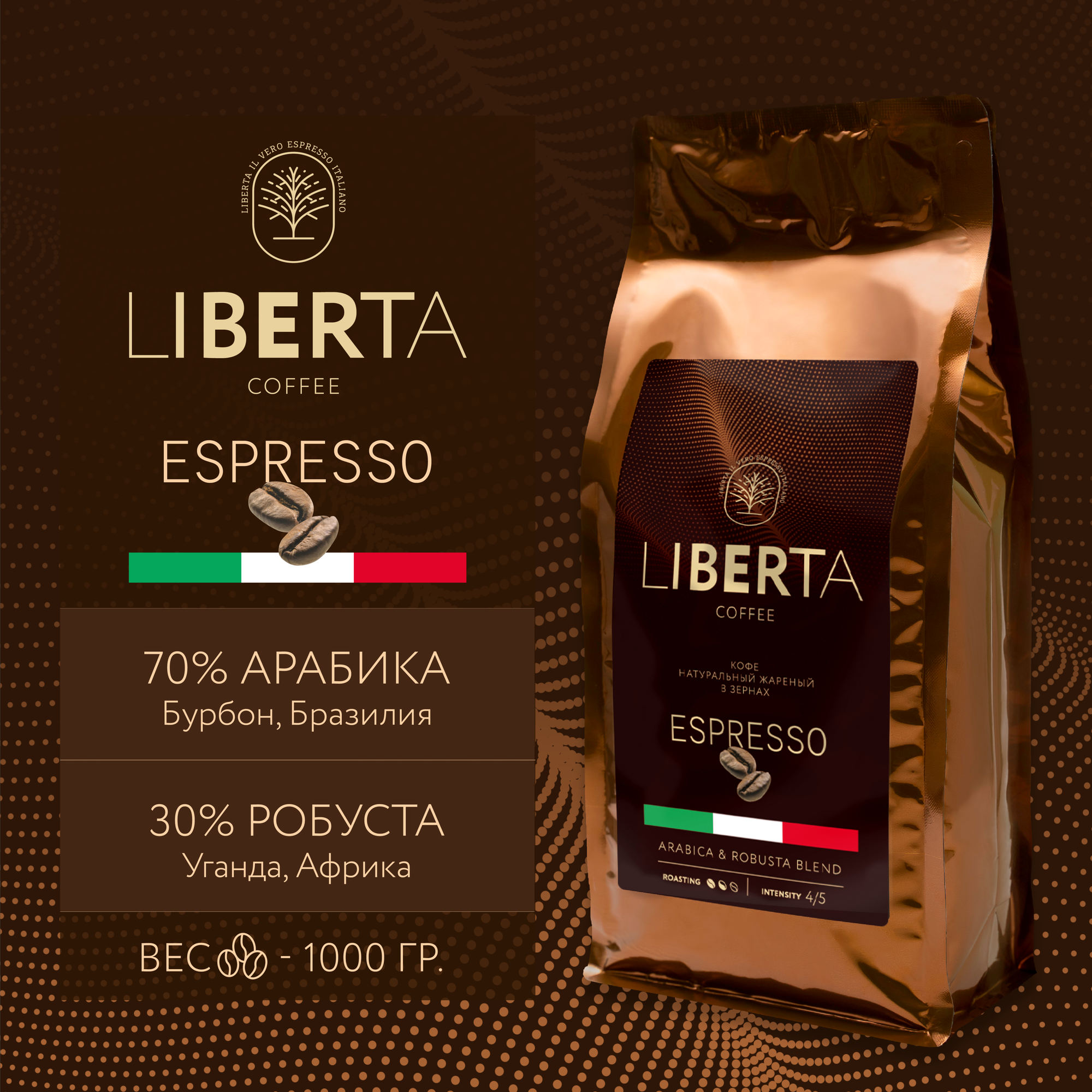 Кофе в зернах Liberta Coffee Espresso (Либерта Эспрессо), Арабика (Бразилия) / Робуста (Уганда), свежая обжарка, 1 кг