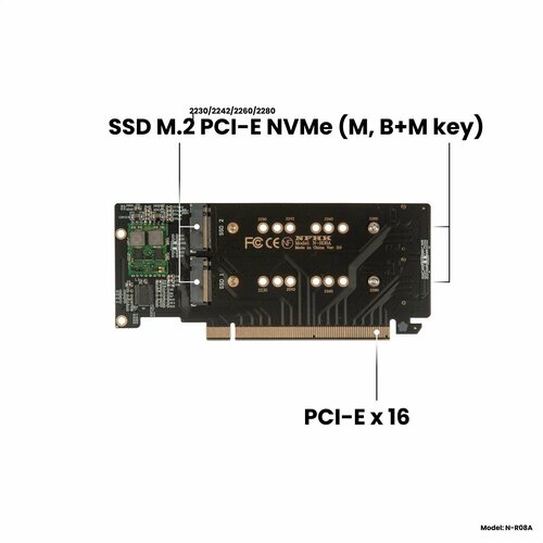 Адаптер-переходник (плата расширения) для установки 4 накопителей SSD M.2 2230-2280 PCI-E NVMe (M, B+M key) в слот PCI-E 3.0/4.0 x16, черный, NHFK N-R08A адаптер переходник плата расширения с гибким шлейфом для установки ssd 2 5 u 2 sff 8639 pci e nvme в слот pci e 3 0 4 0 х4 x8 x16 nhfk n 8639e