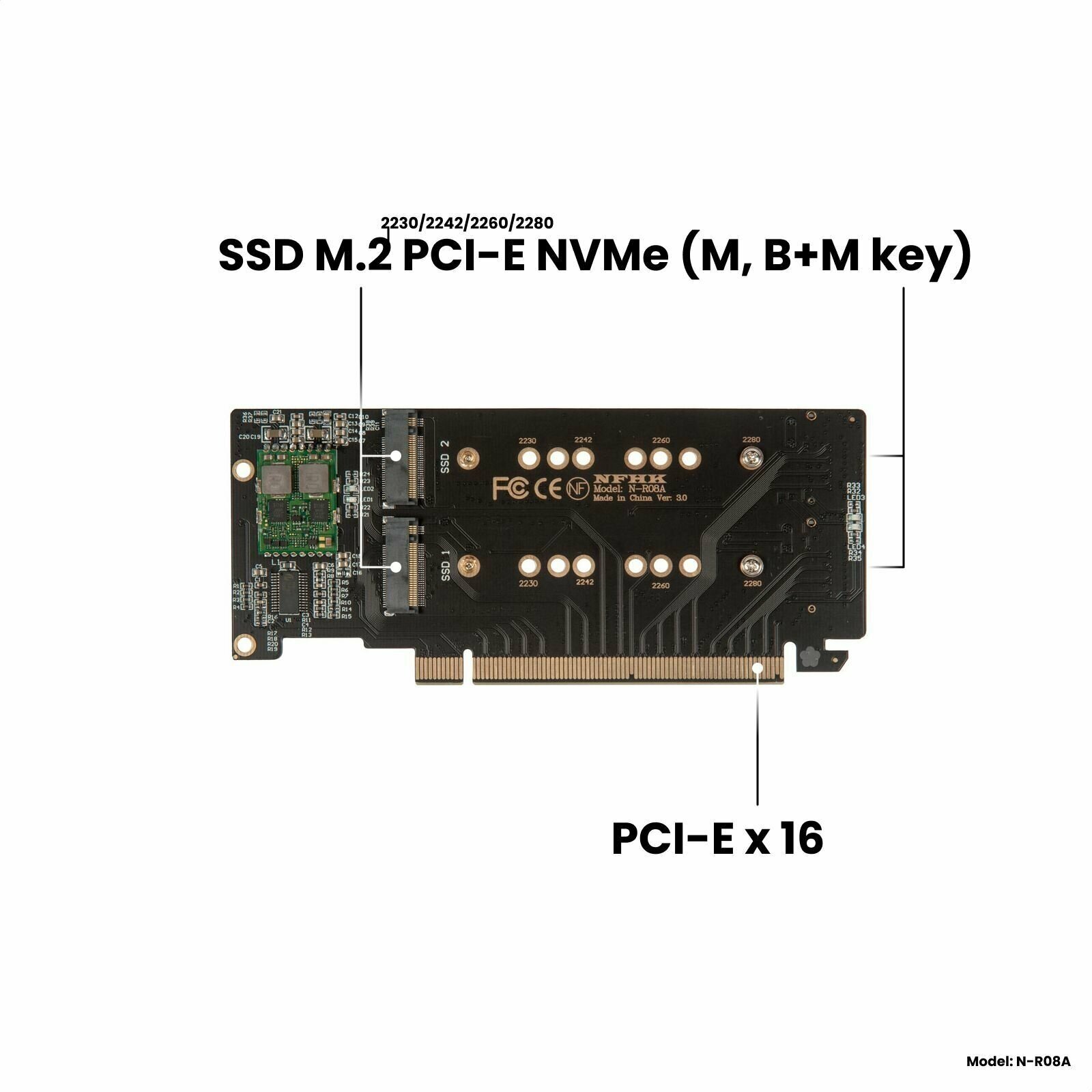 Плата расширения на 4 порта SSD M.2 NVMe в разъем PCIe 3.0/4.0 x16 / NHFK N-R08A