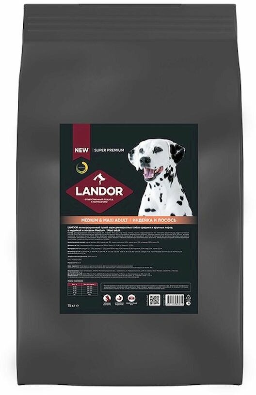 Сухой корм Landor Adult Dog для взрослых собак cредних и крупных пород c индейкой и лососем 15 кг