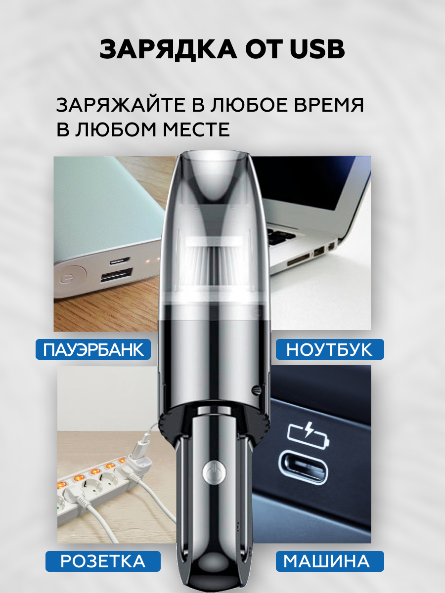 Пылесос для автомобиля беспроводной мощный ручной для дома 30002 — фото 9