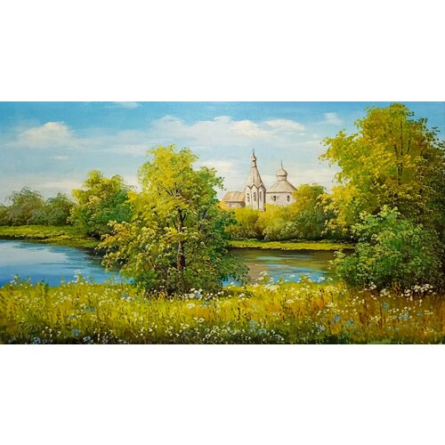 Картина маслом на холсте. Живопись. 100% ручная работа. Художественная мастерская Грёзы. Летний пейзаж с церковью. Размер картины 50х90 см.